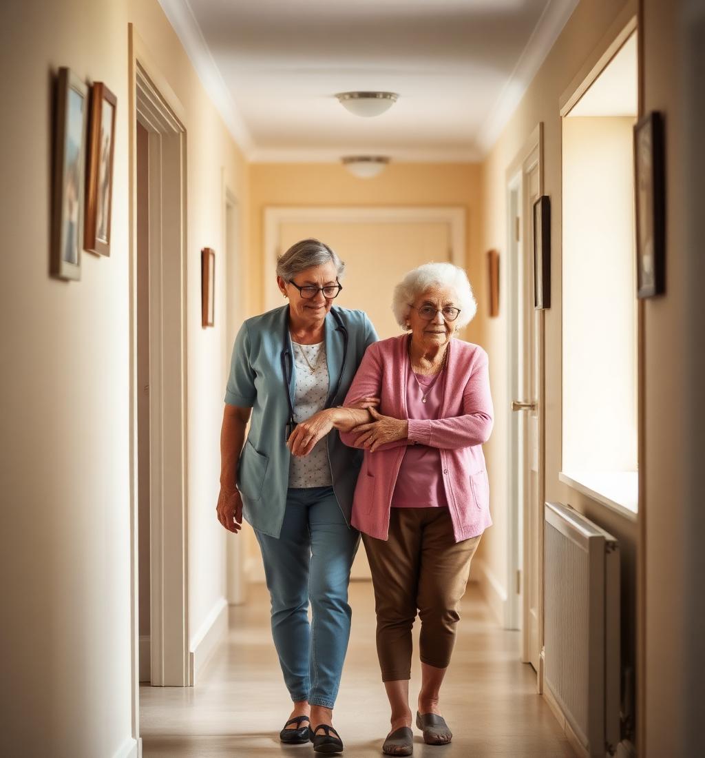 Caregiver supporting an elderly woman