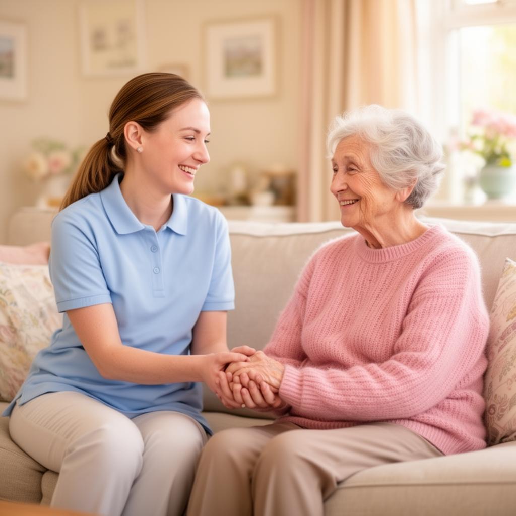 Caregiver and elderly woman holding hands and smiling together